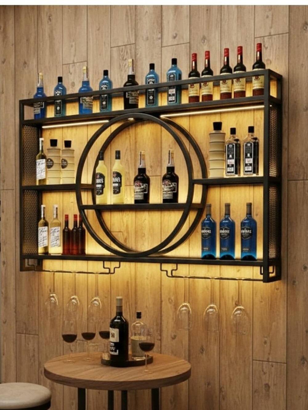 Wine Rack Wall Mounted with LED Light, 3-Tier Metal Bar Shelves for Liquor Bottl